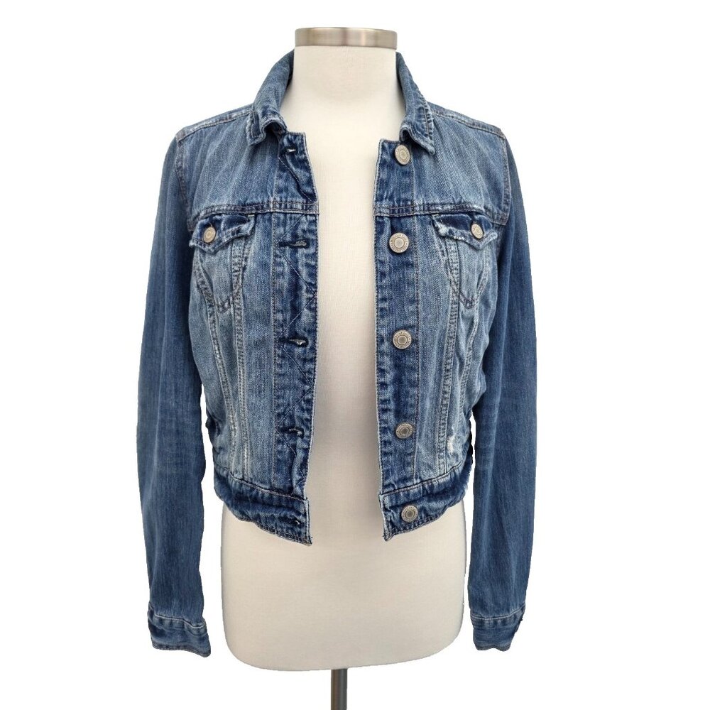 American Eagle Denim Jean Jacket‎ M Blue Classic Button Up Distressed Layering